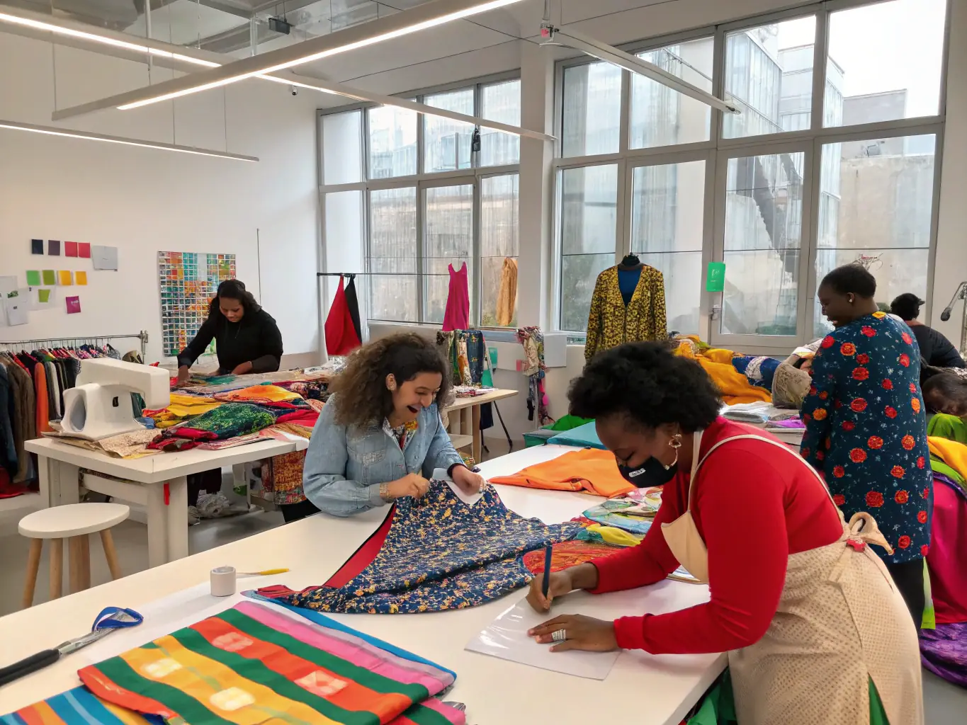 A photograph of a workshop in progress, with students and instructors engaged in hands-on activities related to fashion design and preservation techniques.