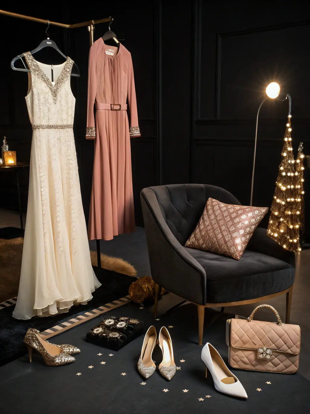 A photograph capturing the essence of an 'Exhibitions of Christian Lacroix's Haute Couture' event, showcasing a vibrant display of his dresses on mannequins in an elegant gallery setting, highlighting the artistry and craftsmanship.