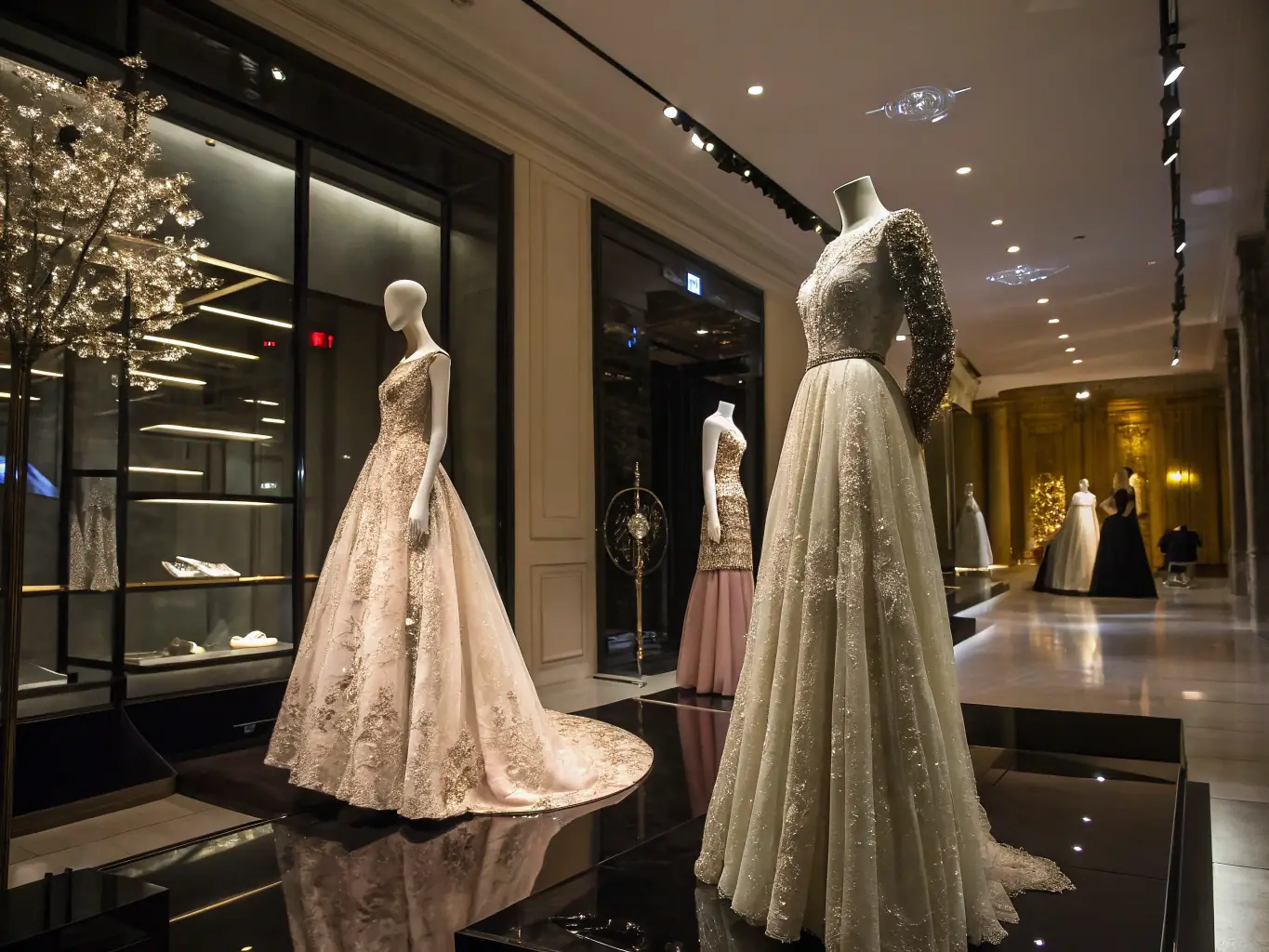 A photograph capturing the interior of an exhibition showcasing Christian Lacroix's haute couture designs, with mannequins dressed in elaborate garments and visitors admiring the artistry.