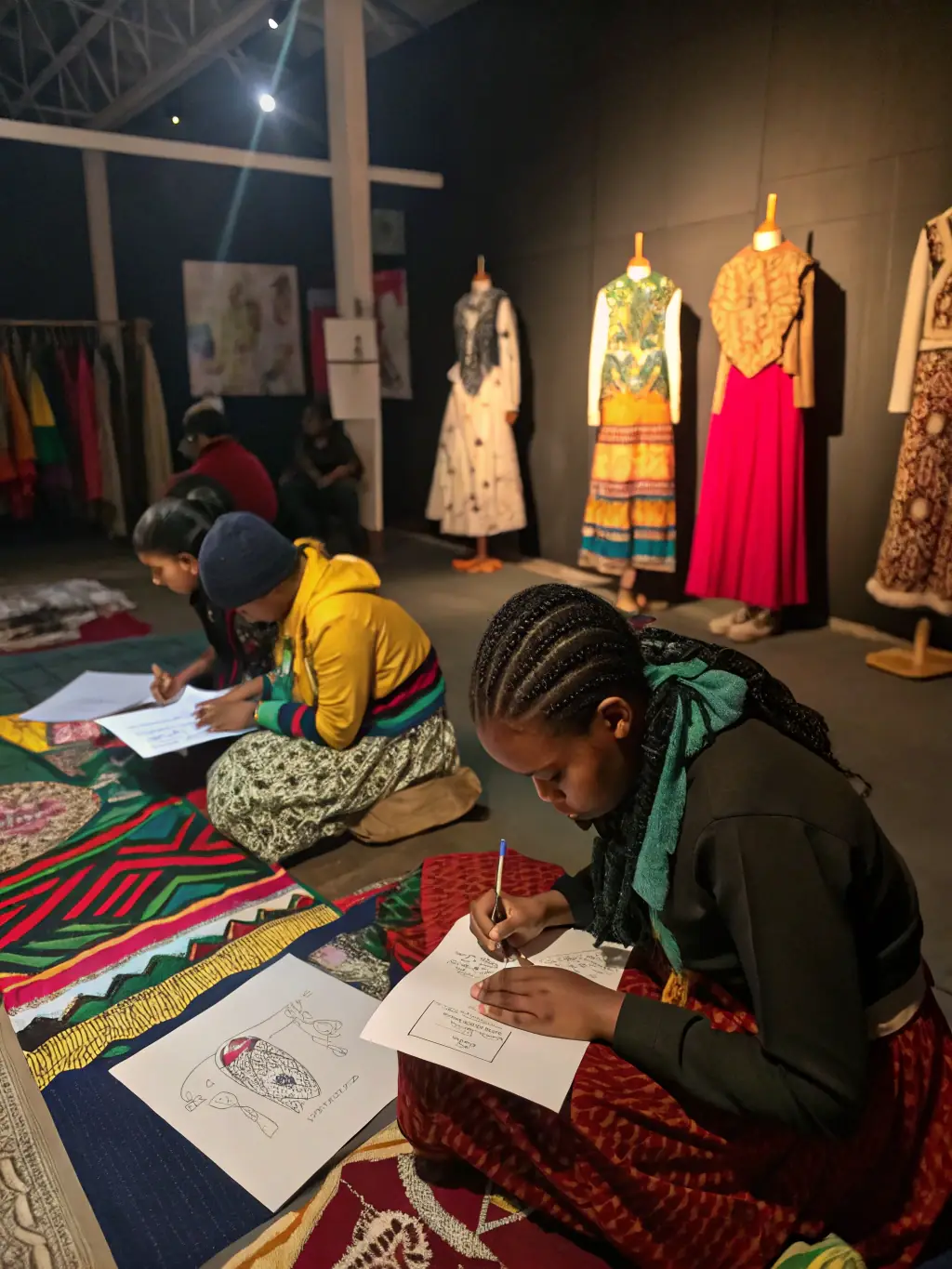 A photograph of a group of students sketching designs inspired by Christian Lacroix's work during an educational program at LACROIX ARLES.