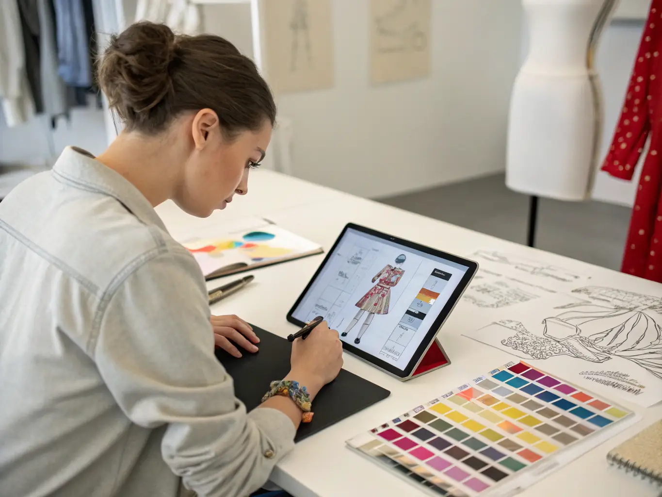 A photograph of participants actively engaged in a fashion illustration workshop, with expert instructors guiding them through design techniques and creative expression.