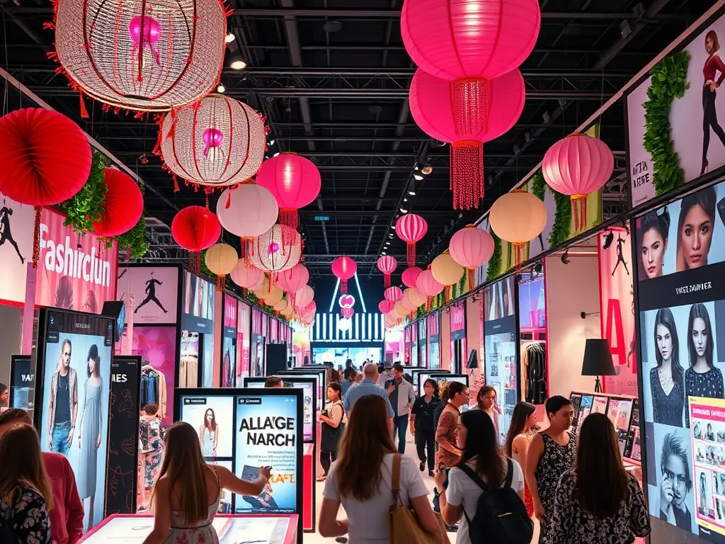 A photograph capturing the vibrant atmosphere of a Christian Lacroix haute couture exhibition, showcasing mannequins adorned in elaborate designs and visitors admiring the artistry.