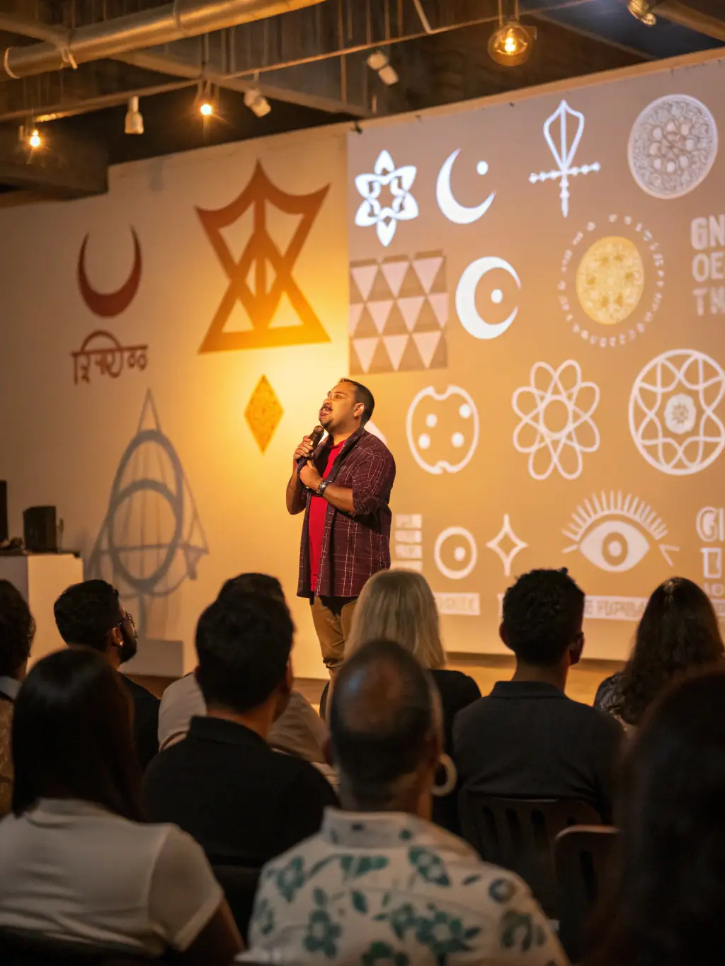 A captivating shot of a speaker presenting at a 'Cultural Events & Lectures' event, with an engaged audience participating in a discussion, deepening the understanding of Christian Lacroix's influence.